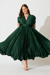 Pleated Emerald Satin Midi Dress